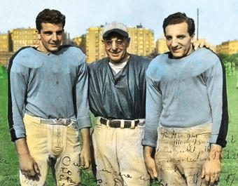 Lions 1942 co-captains Dr. Felix E. Demartini ’43, PS’46 (left) and Paul V. Governali ’43 (right) with football coach Lou Little.PHOTO: COURTESY JOHN EISINGER